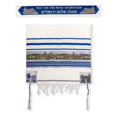 Prayer Shawl-Pray For The Peace Of Jerusalem-Blue/Gold  (72" x 24") (#2254)