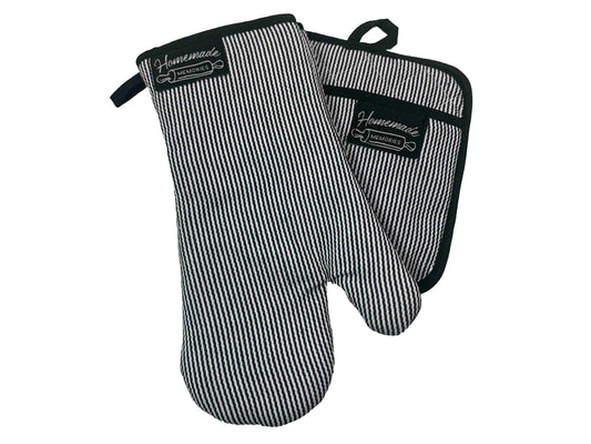 Oven Mitt & Pot Holder Set-Black/White Pinstripe (Set Of 2)