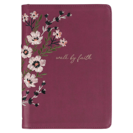 Journal w/Zip Faux Leather-Walk by Faith 2Corinthians 5:7-Burgundy