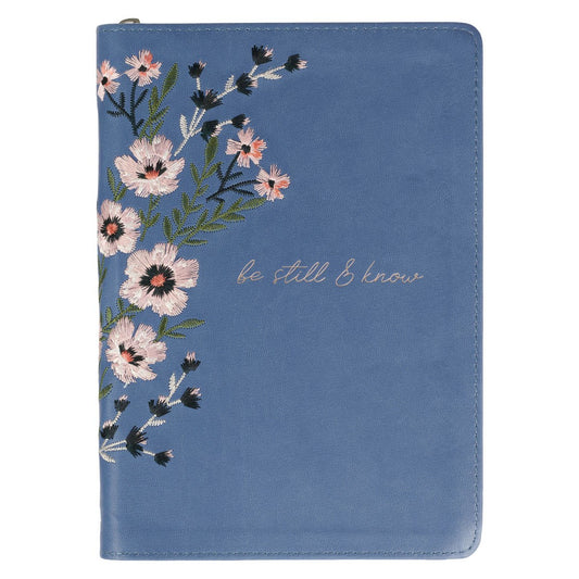 Journal w/Zip Faux Leather-Be Still & Know-Psalm 46:10-Blue Floral Embroidered