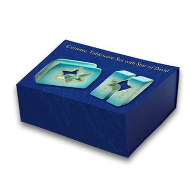 Tableware Set-Star Of David Napkin Holder & Salt/Pepper Shakers-Blue & Gold Tones (Ceramic) (#44178)