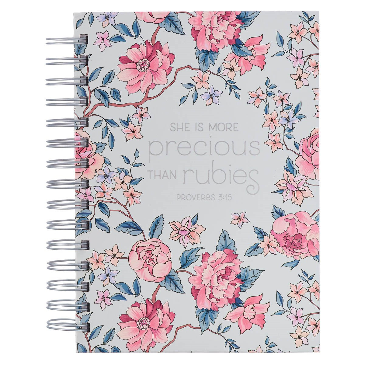 Journal-Wirebound-More Precious Than Rubies Proverbs 3:15-Light Blue w/Pink