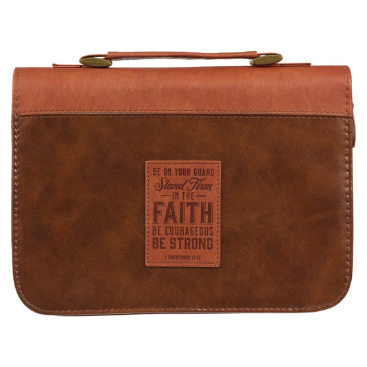 Bible Cover-Stand Firm In The Faith (1 Corinthians 16:13)-Two-tone Brown Faux Leather Classic-Medium