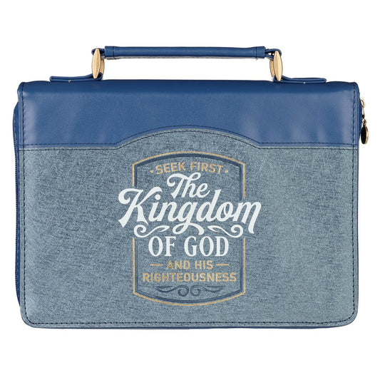 Bible Cover-Seek First The Kingdom Of God (Matthew 6:33)-Two-Tone Blue Faux Leather Fashion-Large