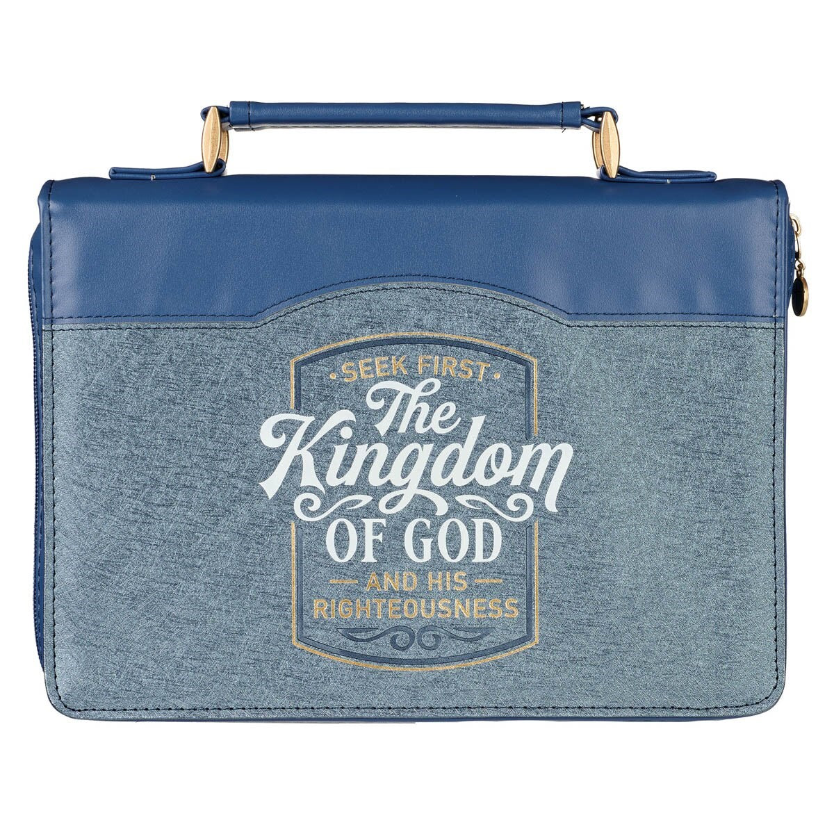 Bible Cover-Seek First The Kingdom Of God (Matthew 6:33)-Two-Tone Blue Faux Leather Fashion-Medium
