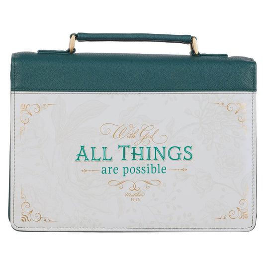 Bible Cover-With God All Things Are Possible (Matthew 6:19)-Teal Tourmaline Faux Leather Fashion-Large
