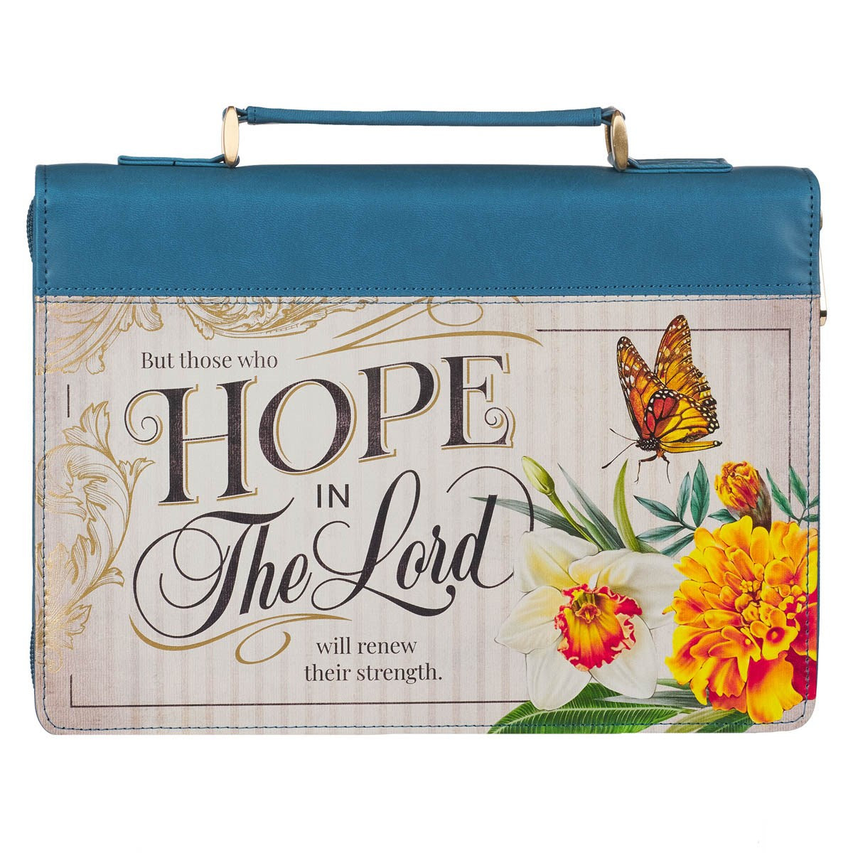 Bible Cover-Hope In The Lord-Floral Mediterranean Blue Faux Leather Fashion-Large
