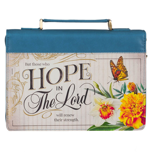 Bible Cover-Hope In The Lord-Floral Mediterranean Blue Faux Leather Fashion-Medium
