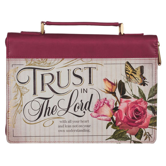 Bible Cover-Trust In The Lord (Proverbs 3:5)-Burgundy Floral-Floral Pomegranate Red Faux Leather Fashion-Medium