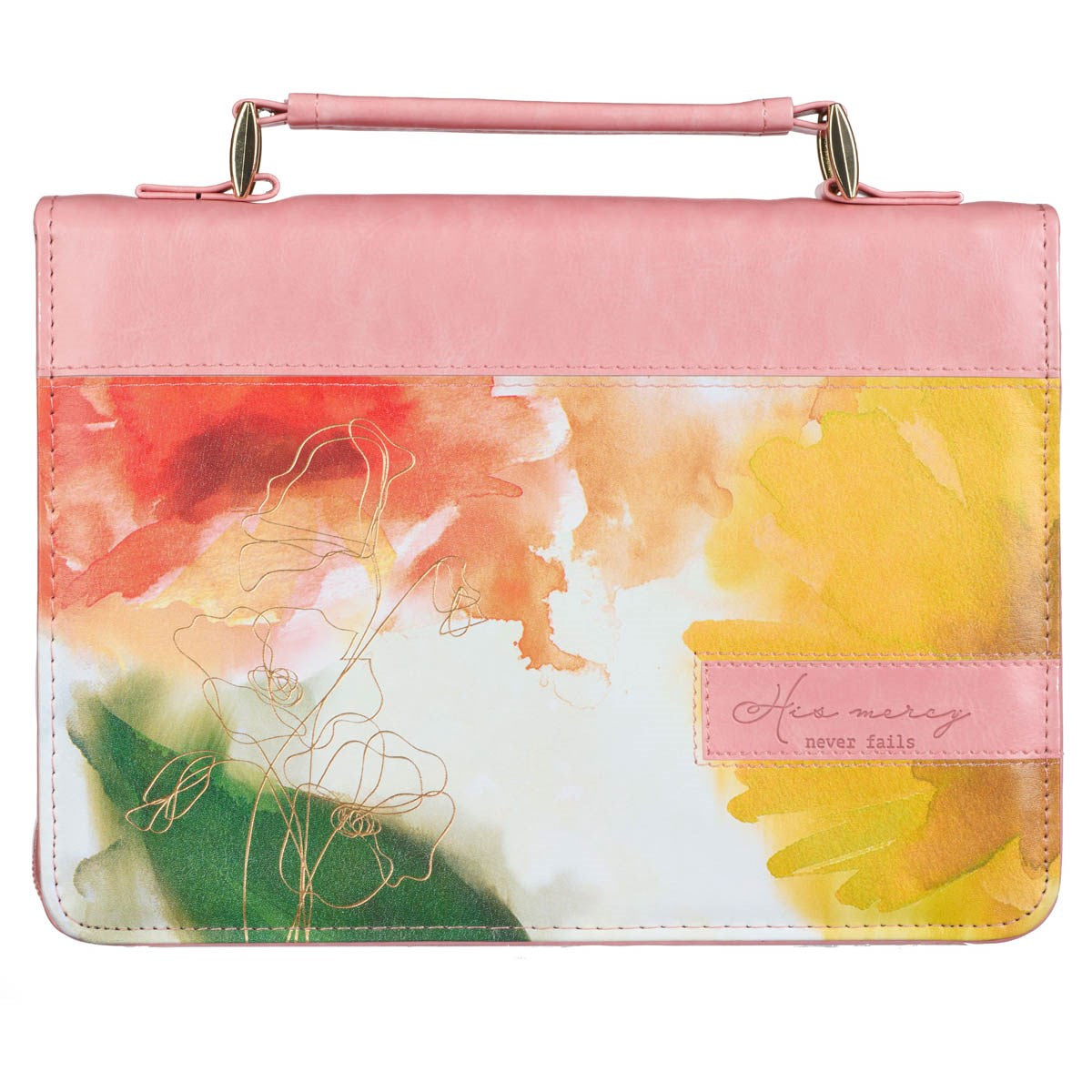 Bible Cover-His Mercy Never Fails-Pastel Meadow Pink Watercolor Faux Leather-Medium