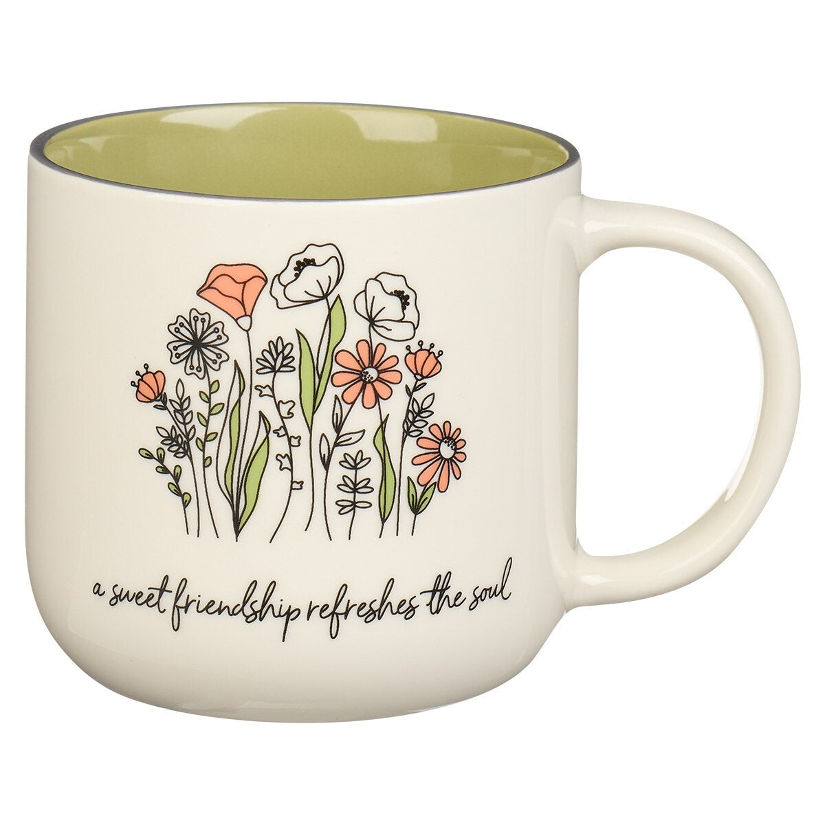 Mug-A Sweet Friendship Refreshes The Soul (Proverbs 27:9)-Green/White Floral (MUG946)