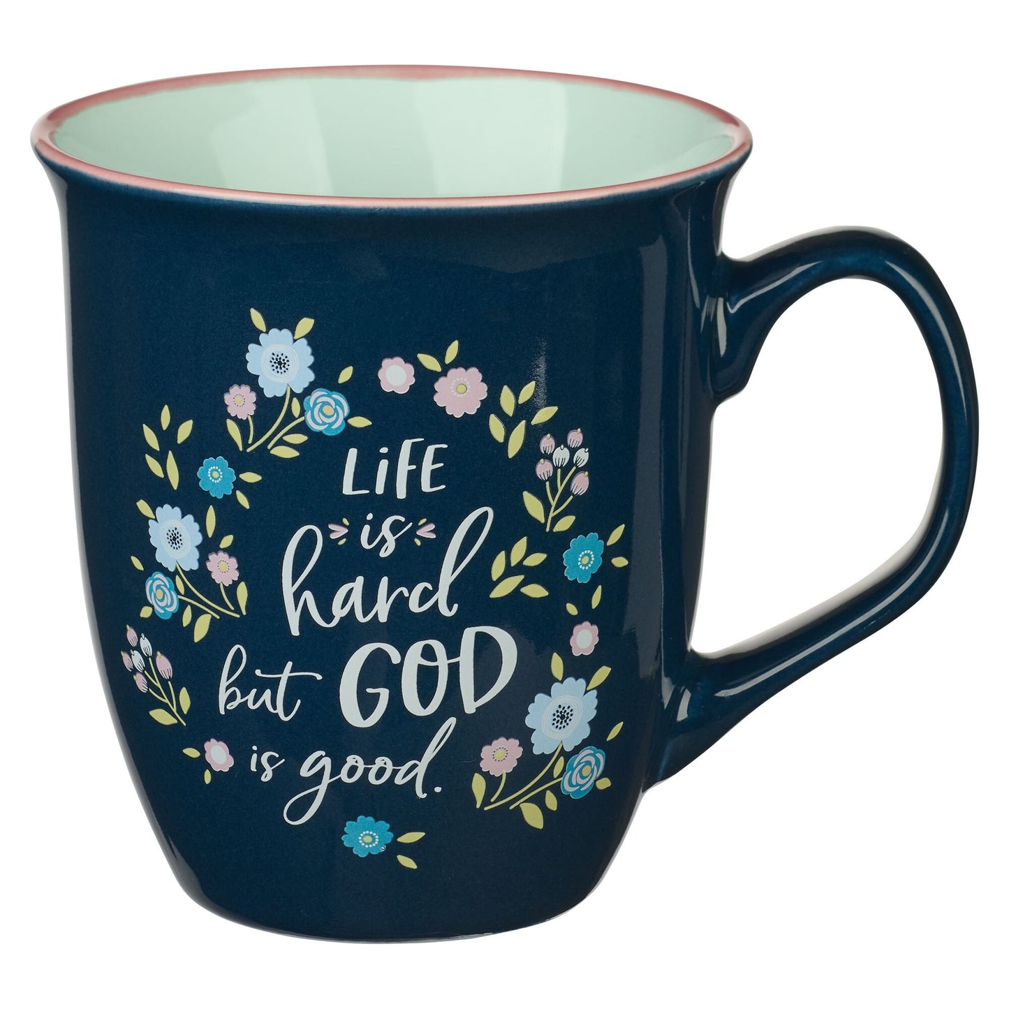 Mug-Life Is Hard  But God Is Good (Psalm 107:1)-Navy Floral (MUG892)