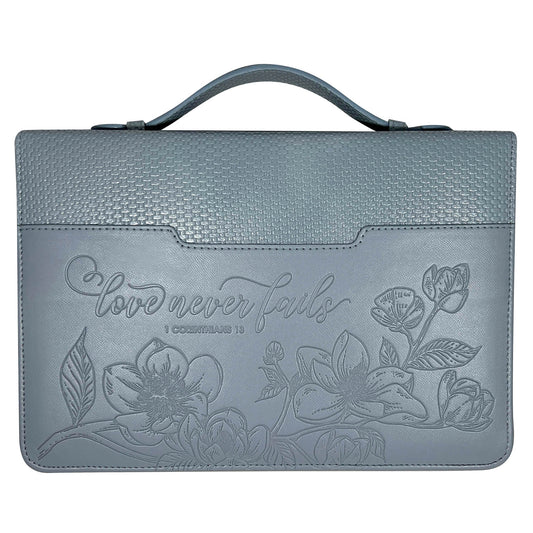 Bible Cover-Debossed w/Weave Pattern-Love Never Fails-Purple-XLG