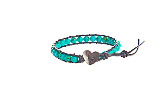 Bracelet-1 Wrap-Turquoise Beads w/Dark Brown Leather
