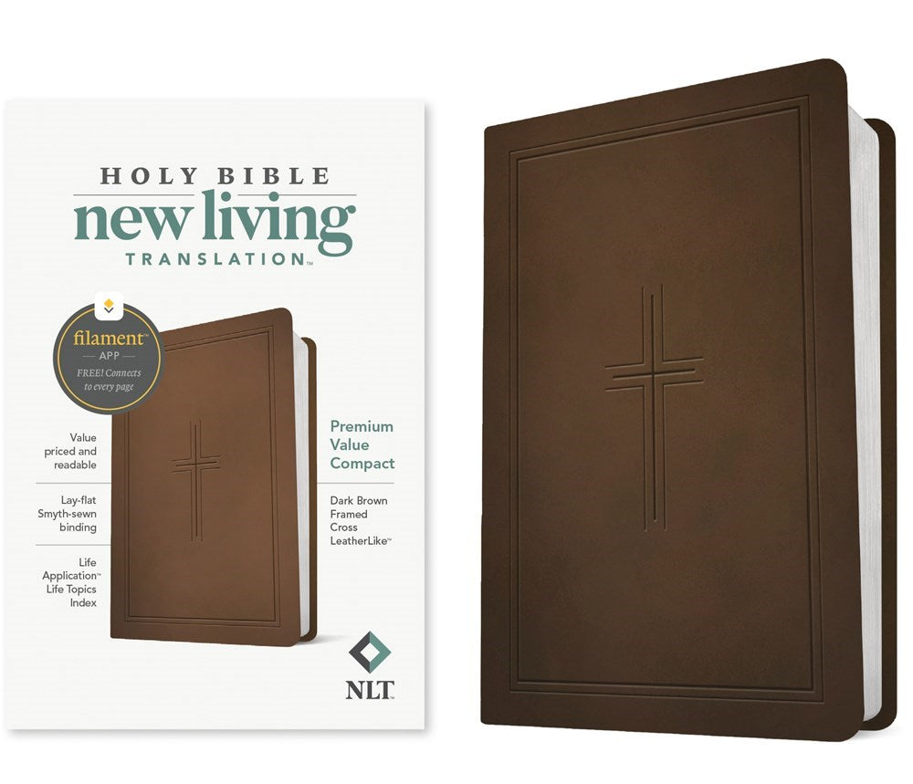 NLT Premium Value Compact Bible  Filament Enabled-Dark Brown Framed Cross LeatherLike