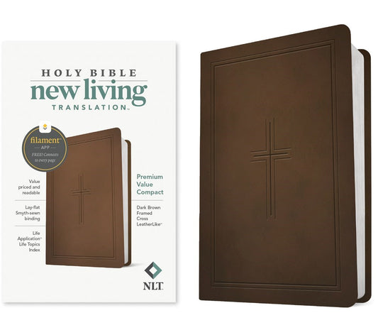 NLT Premium Value Compact Bible  Filament Enabled-Dark Brown Framed Cross LeatherLike