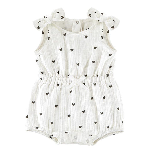 Muslin Cinch Waist Romper-White w/Grey Hearts (6-12 Mo)