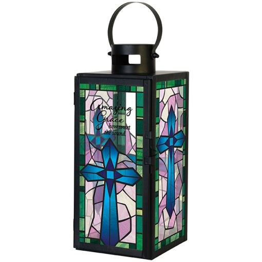 Lantern w/Flameless LED Candle & Timer-Stained Glass/Amazing Grace (5" x 14" x 5")