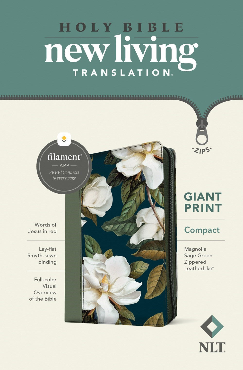 NLT Compact Giant Print Bible  Filament-Enabled w/Zipper-Magnolia Sage Green LeatherLike