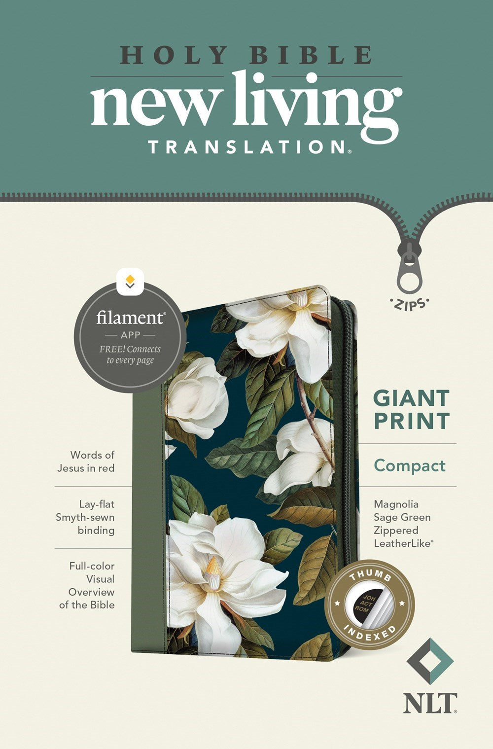 NLT Compact Giant Print Bible  Filament-Enabled w/Zipper-Magnolia Sage Green LeatherLike Indexed