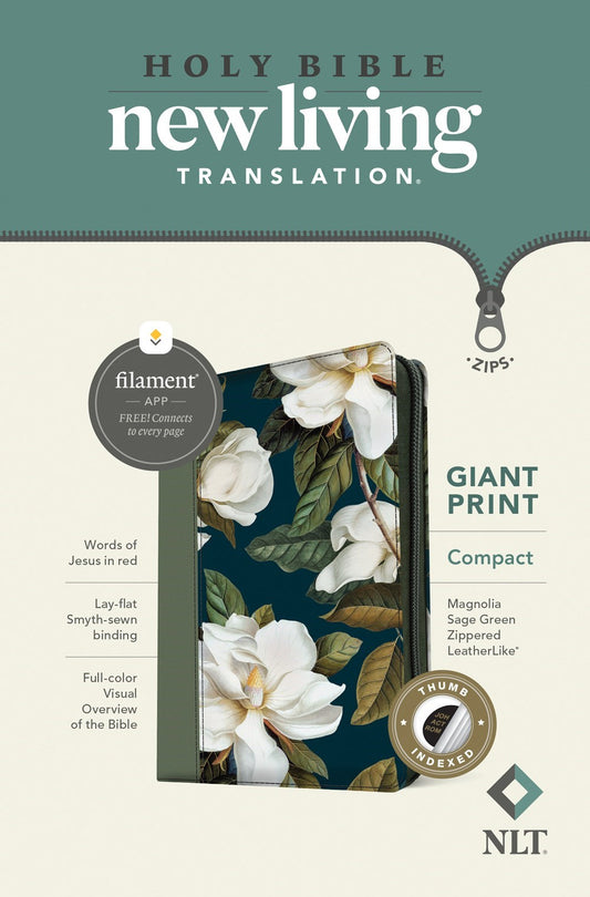 NLT Compact Giant Print Bible  Filament-Enabled w/Zipper-Magnolia Sage Green LeatherLike Indexed