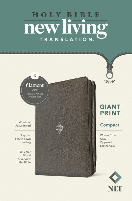 NLT Compact Giant Print Bible  Filament-Enabled w/Zipper-Woven Cross Gray LeatherLike