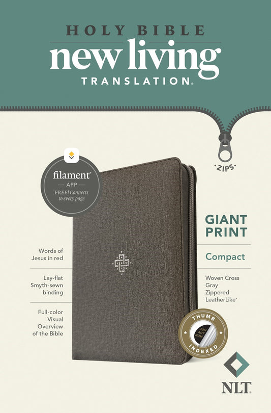 NLT Compact Giant Print Bible  Filament-Enabled w/Zipper-Woven Cross Gray LeatherLike Indexed