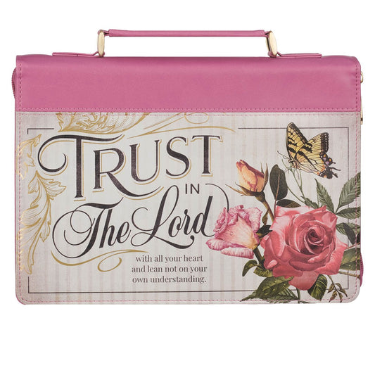 Bible Cover-Trust In The Lord (Proverbs 3:5)-Floral Begonia Pink Faux Leather Fashion-Medium