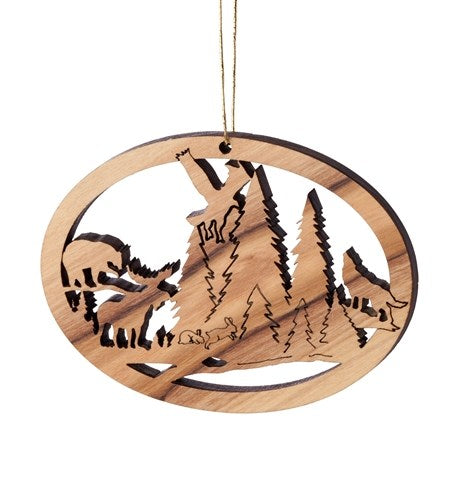Ornament-Olivewood-Oval With Wildlife/Forest Cutout (2.5")