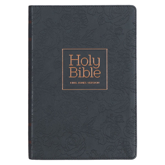 KJV Large Print Thinline Bible-Black Floral Faux Leather