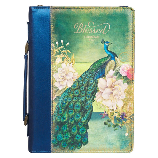 Bible Cover-Blessed/Peacock (Jeremiah 17:7)-Blue Faux Leather Fashion-Large