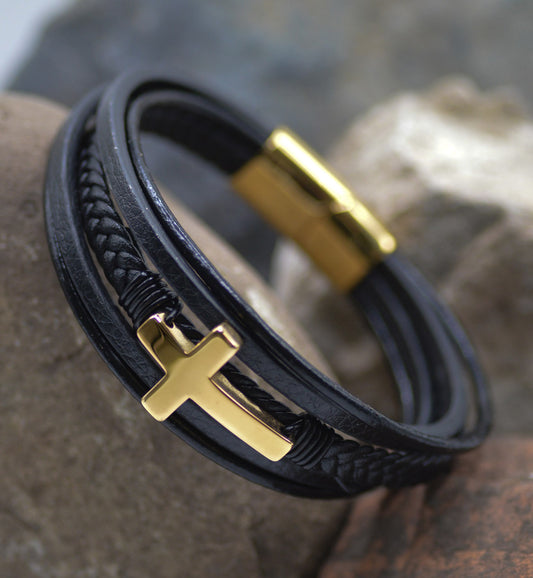 Bracelet-Eden Merry-Cross-Leather-Gold