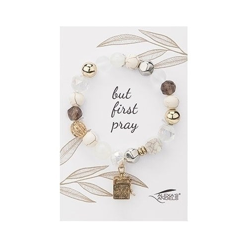 Bracelet-Gold Prayer Box/But First Pray-Stretch