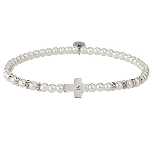 Bracelet-Silver Side Cross-White-Stretch
