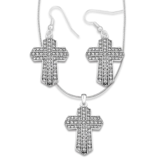 Necklace & Earring Set-Pave Cross (18" Chain w/3" EXT)