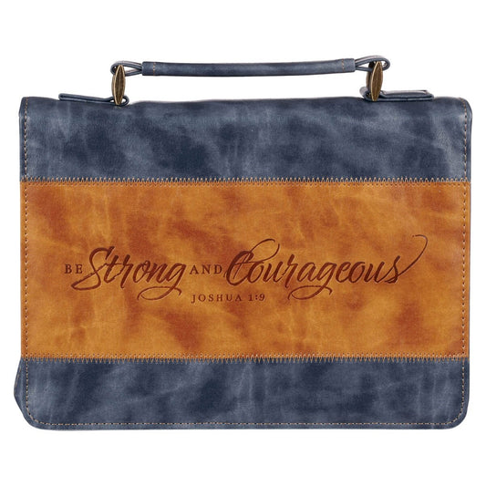 Bible Cover-Be Strong & Courageous (Joshua 1:9)-Butterscotch/Navy-Large