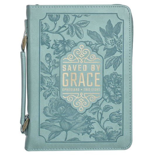 Bible Cover-Saved By Grace (Ephesians 2:8)-Teal Floral Fashion-Large