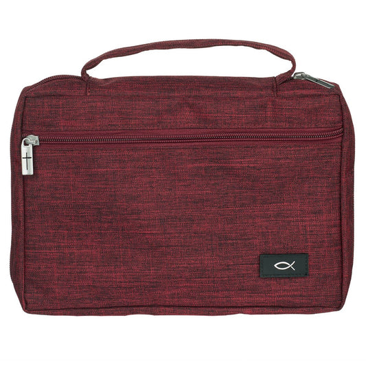 Bible Cover-Poly Canvas Value With Ichthus-Cranberry Red-Medium