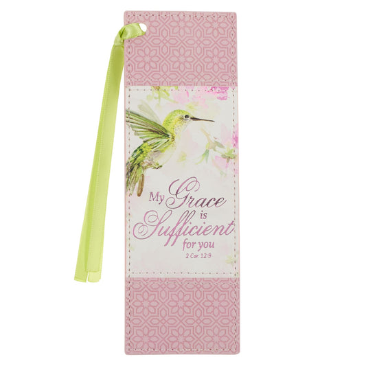 Bookmark-My Grace Is Sufficient (2 Corinthians 12:9)-Hummingbird Pink-Faux Leather