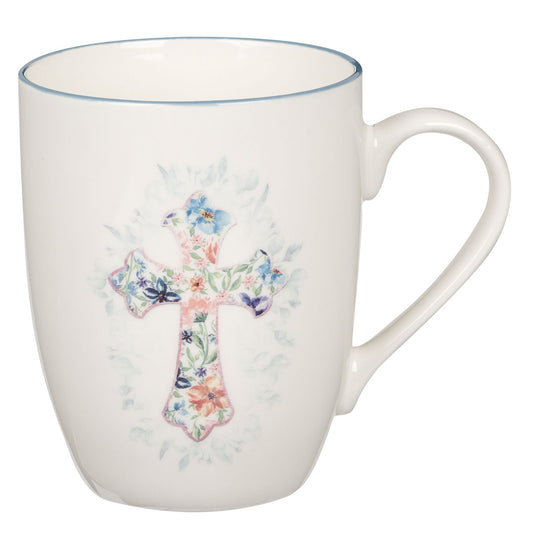 Mug-Budget-Blue Floral Cross-White (MUG1062)