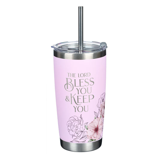 Stainless Steel Tumbler-Pink W/ Straw-Lord Bless & Keep You-Num. 26